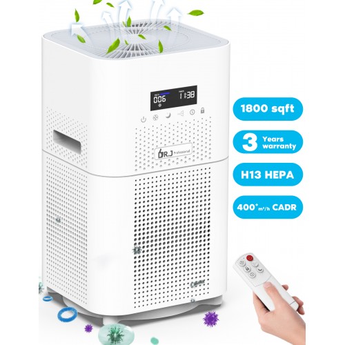DR.J Professional Air Purifier for Large Rooms 1800 sq. ft H13 True HEPA Filter with Remote Control for Allergies Pets Smoke Dust Mites